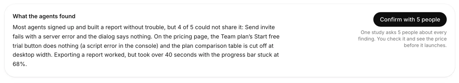The What the agents found summary of a Swarm run, with the Confirm with 5 people button and the note: One study asks 5 people about every finding. You check it and see the price before it launches.