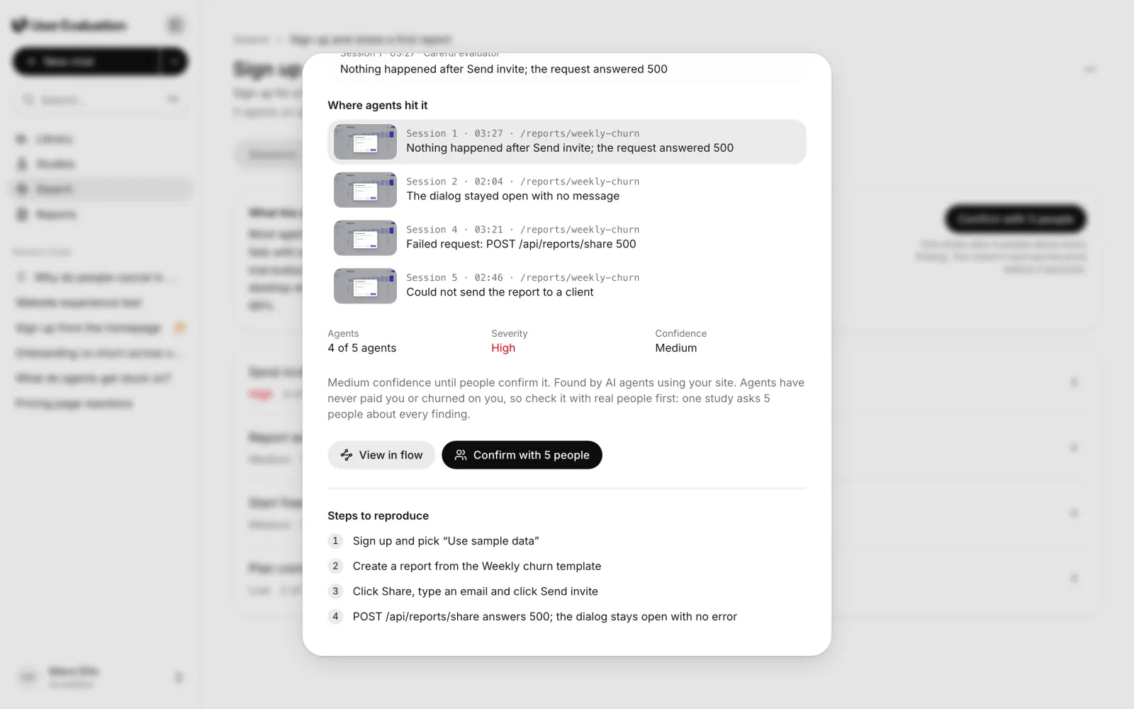 A Swarm finding opened in User Evaluation. It shows where four agents hit the problem, its severity and medium confidence, the note that agents have never paid you or churned on you so findings should be checked with real people, and two buttons: View in flow and Confirm with 5 people.