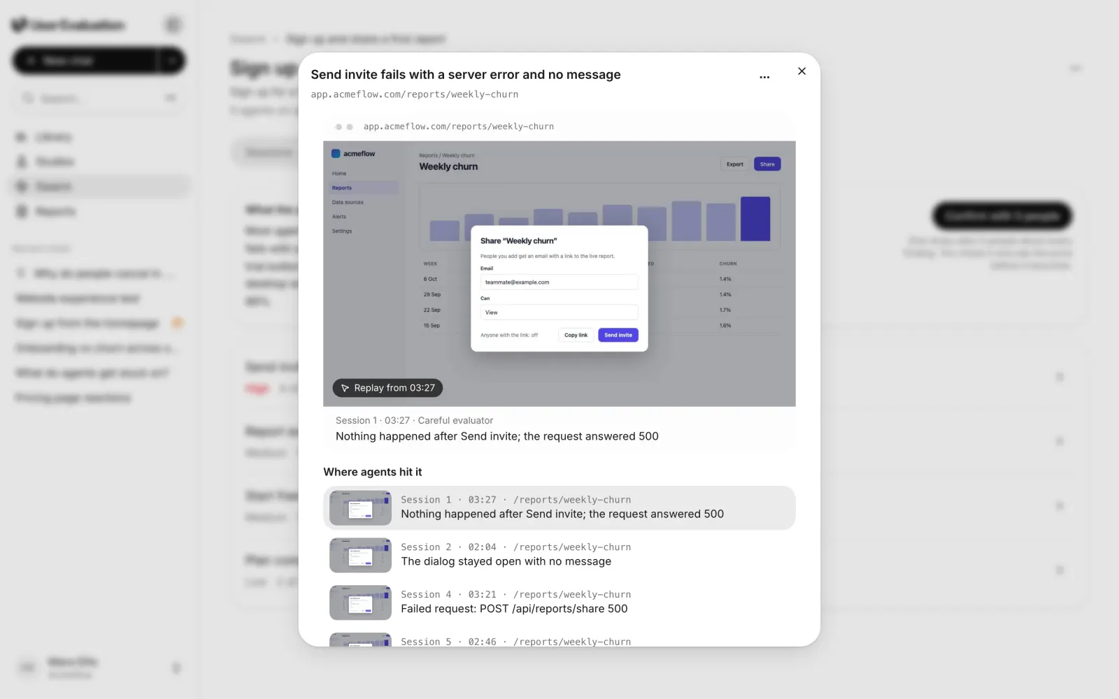 A finding opened: Send invite fails with a server error and no message, on app.acmeflow.com/reports/weekly-churn. The large screenshot shows the Share dialog still open, with Replay from 03:27. Below, Where agents hit it lists sessions 1, 2, 4 and 5 with a thumbnail and the agent's note for each, such as Failed request: POST /api/reports/share 500.