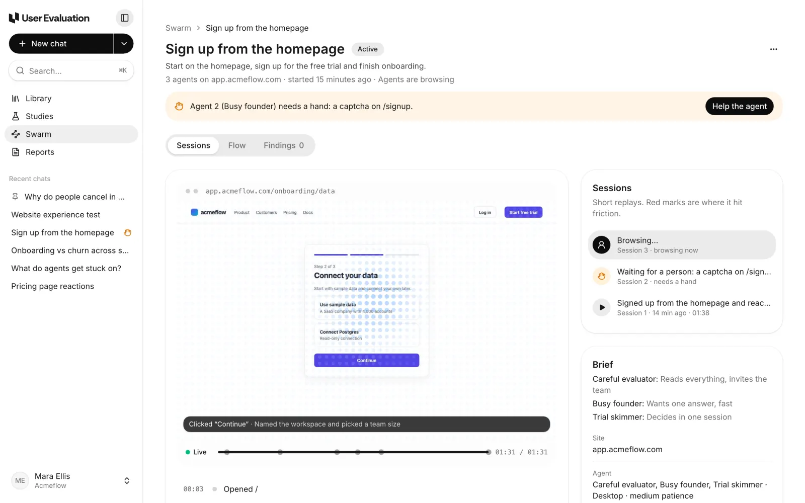 The run page of a Swarm run on app.acmeflow.com. An amber banner says Agent 2 (Busy founder) needs a hand: a captcha on /signup, with a Help the agent button. The replay shows the signup form with a Verify you are human check, and the Sessions list marks session 2 as needs a hand.