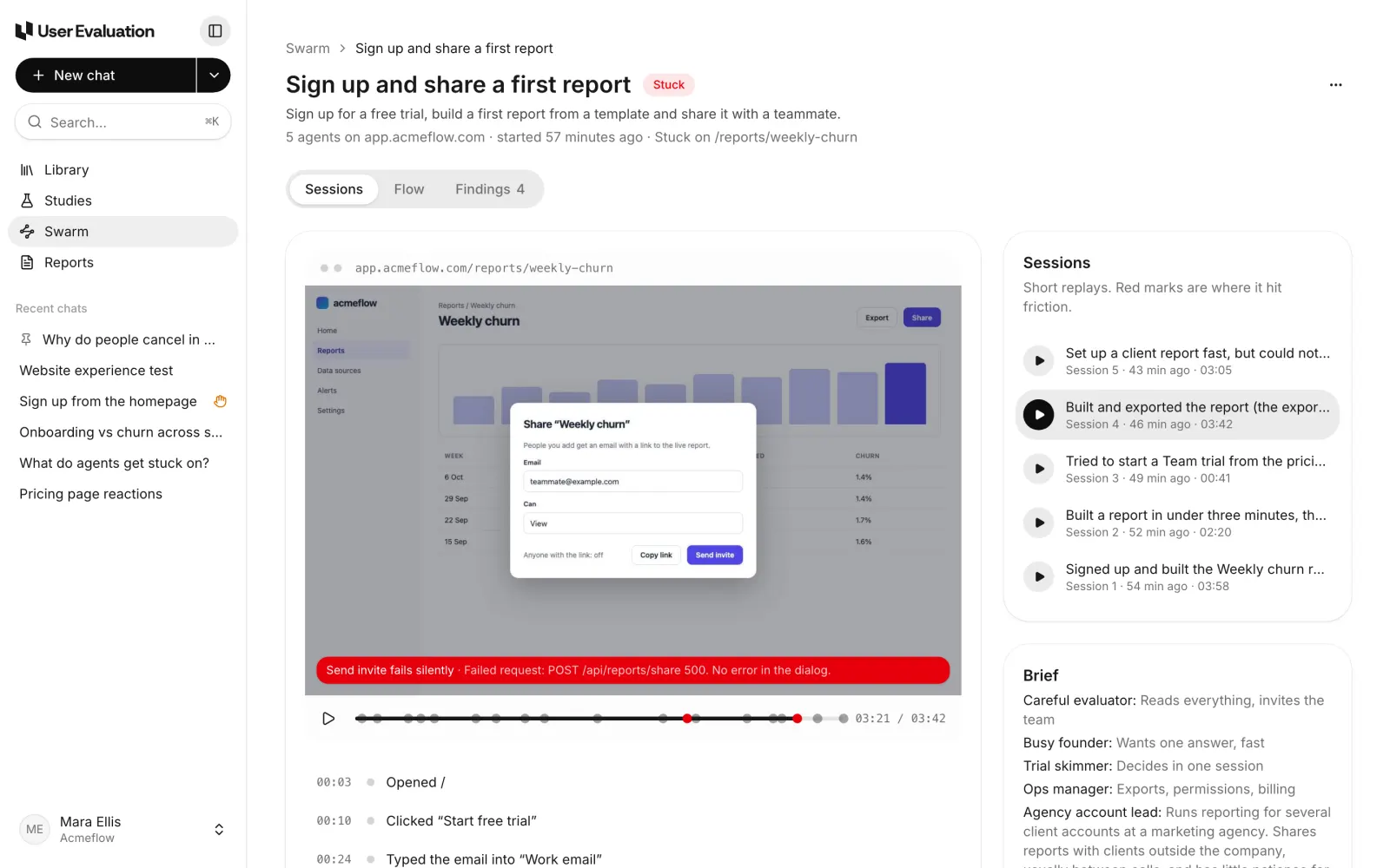 A replay paused on the friction step Send invite fails silently, with the note Failed request: POST /api/reports/share 500. No error in the dialog. The screenshot shows the Share dialog still open over the report.