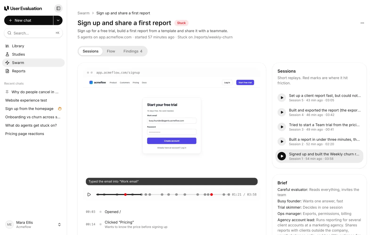 A Swarm session replay on the signup page of app.acmeflow.com. The caption reads Typed the email into Work email, and the step list below shows the agent opening the homepage, clicking Pricing and Start free trial, and filling in the form.