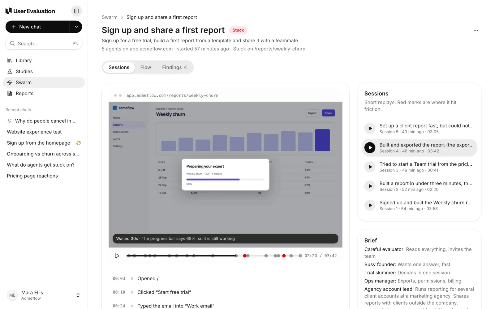 A replay paused on the step Waited 30s, with the caption The progress bar says 68%, so it is still working. The screenshot shows an export dialog with a progress bar at 68% over a Weekly churn report.