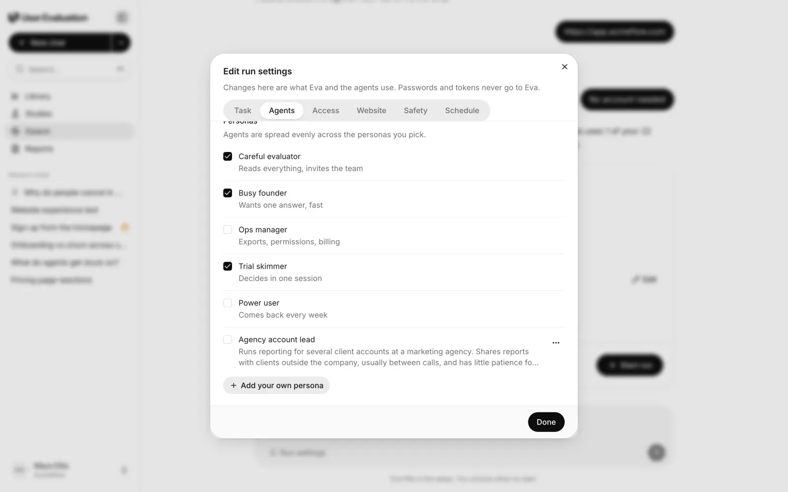 The Edit run settings pop-up on the Agents tab: number of agents, device, patience, and the persona list with Careful evaluator, Busy founder, Ops manager, Trial skimmer, Power user and a custom persona, Agency account lead, plus an Add your own persona button.
