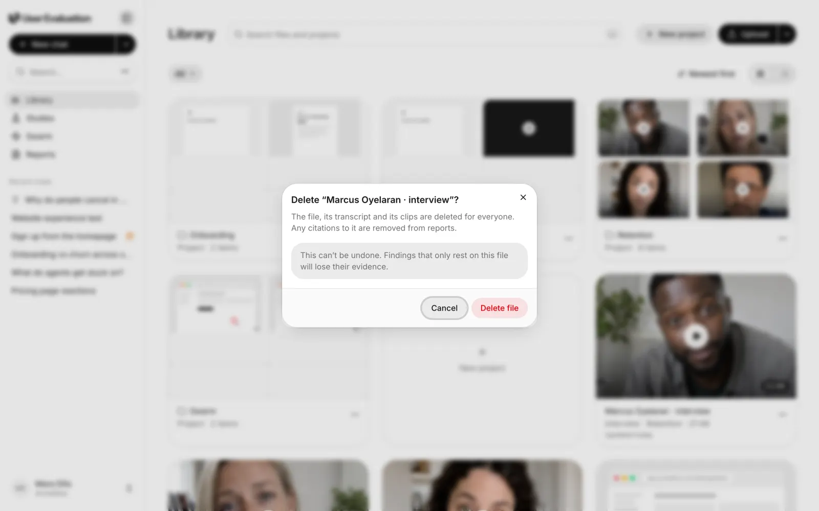 The delete dialog for a Library file, Marcus Oyelaran · interview. It says the file, its transcript and its clips are deleted for everyone, that any citations to it are removed from reports, and that this can't be undone. The buttons are Cancel and Delete file.