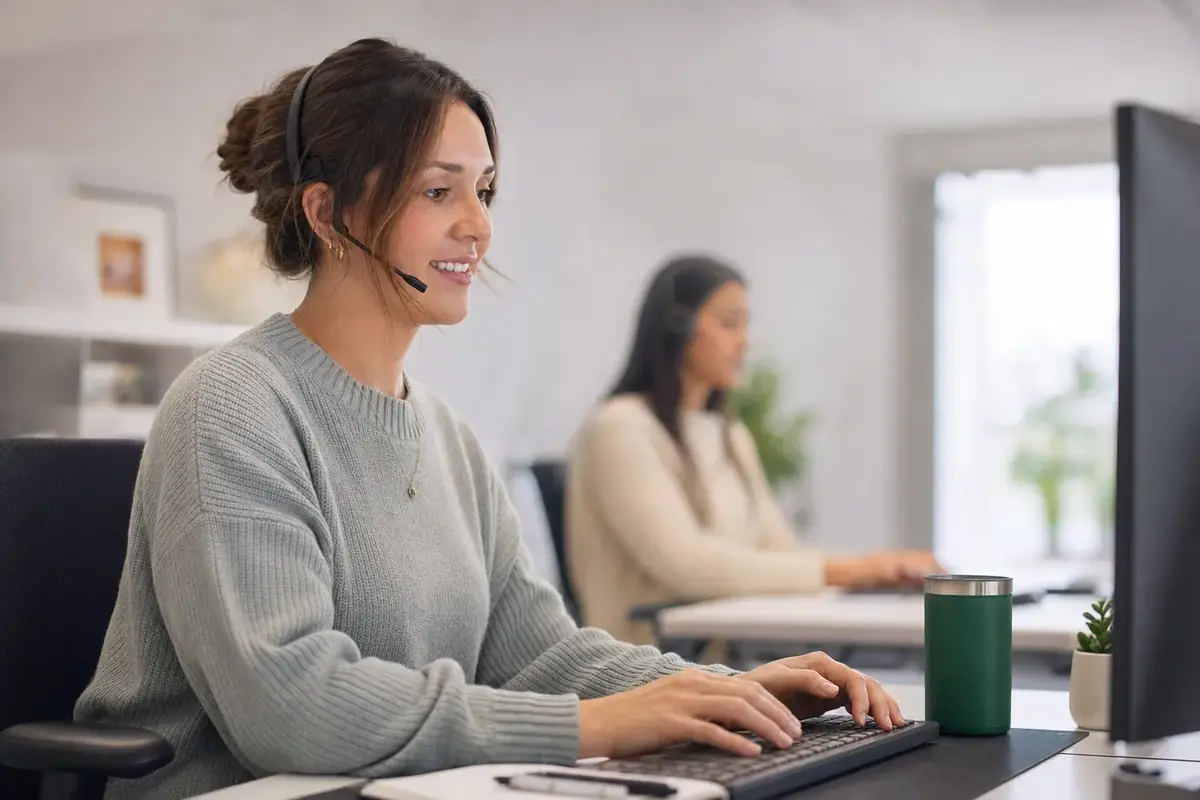 A support team member with a headset at a desk, and a colleague behind her