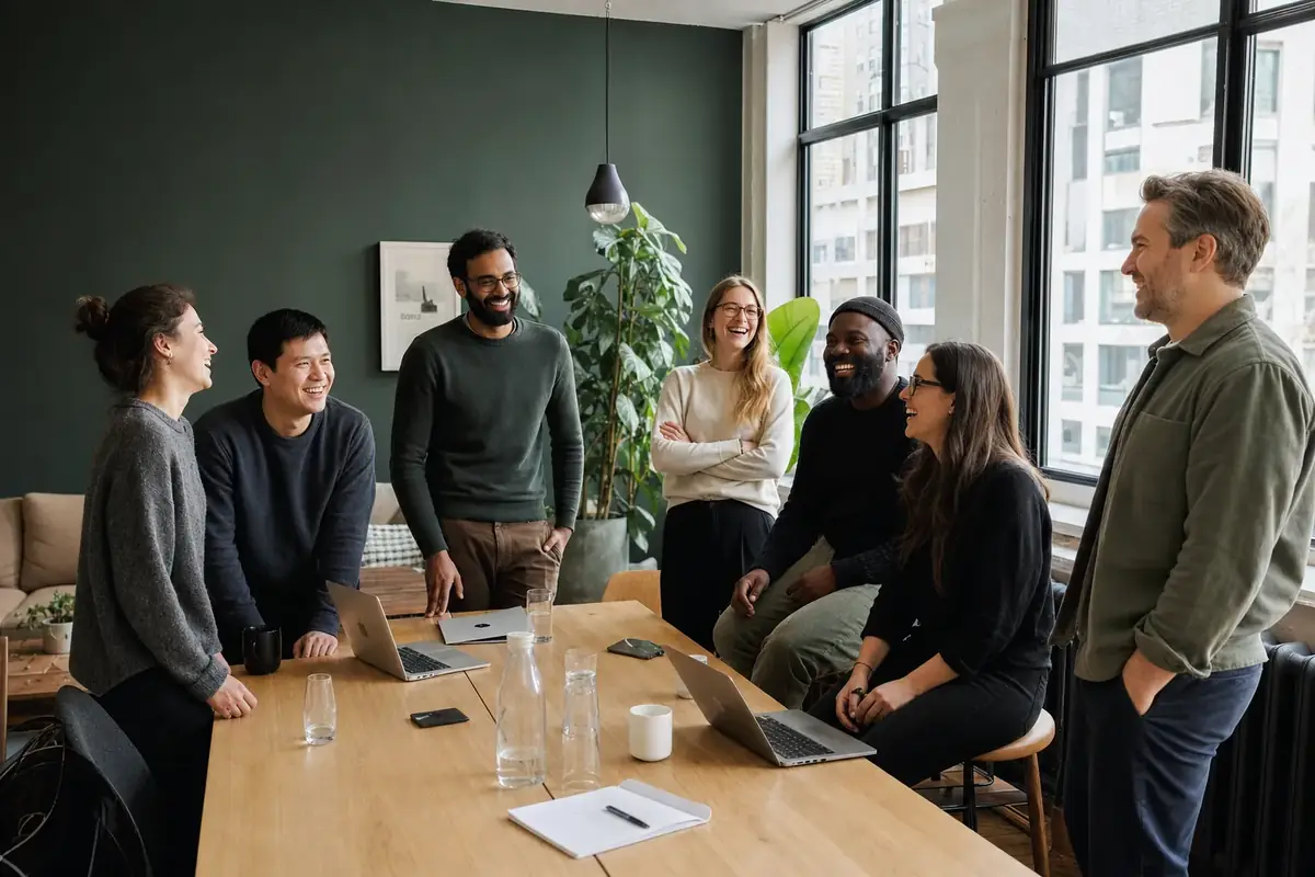 Seven people laugh around a wooden table in front of a green wall
