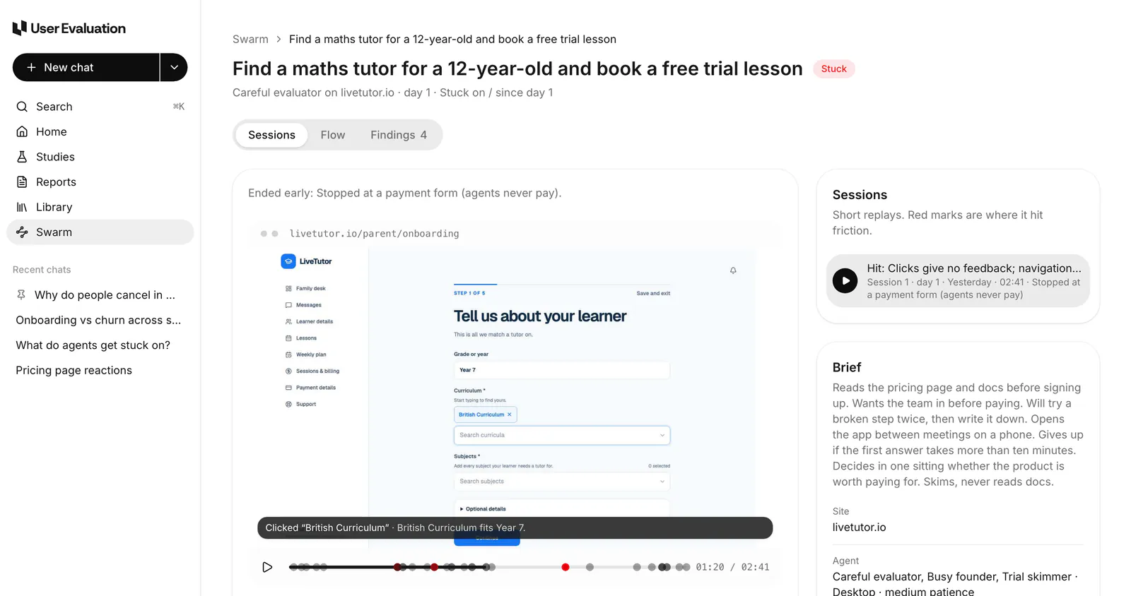 A Swarm run on livetutor.io in User Evaluation. The careful evaluator's replay is on the LiveTutor step “Tell us about your learner”, where the agent has just picked British Curriculum.